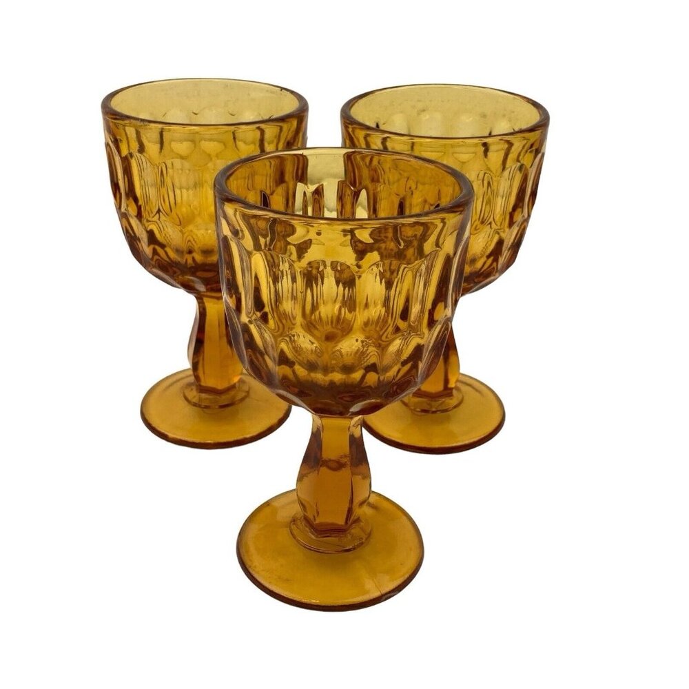 *3-Vintage Fenton Colonial Goblet Amber Glass MCM Thumbprint Mid Century